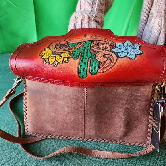 American Darling Painted Tool Leather Purse Painted Cactus and Sunflower